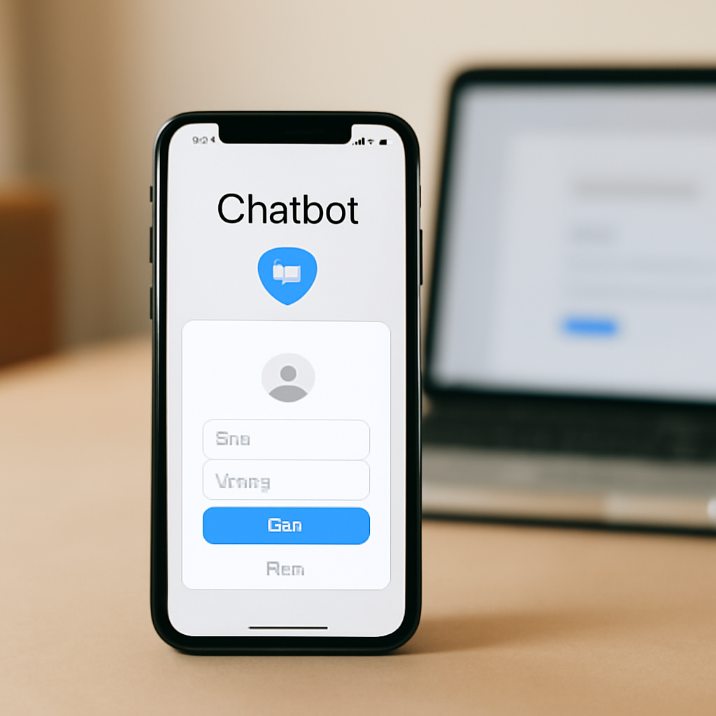 Smartphone displays chatbot login page on a neutral surface with laptop in background.