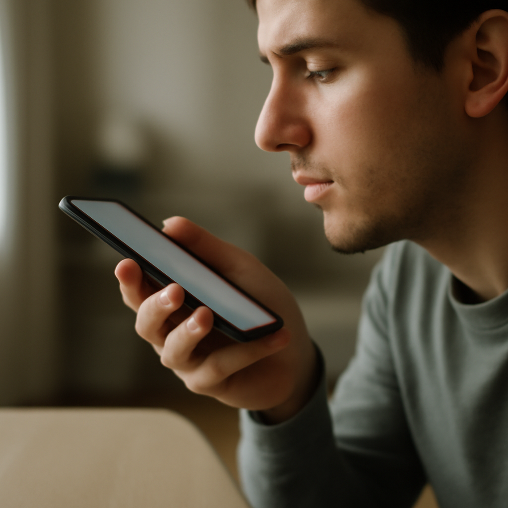 Person speaking into smartphone in quiet, neutral-colored room with soft daylight.