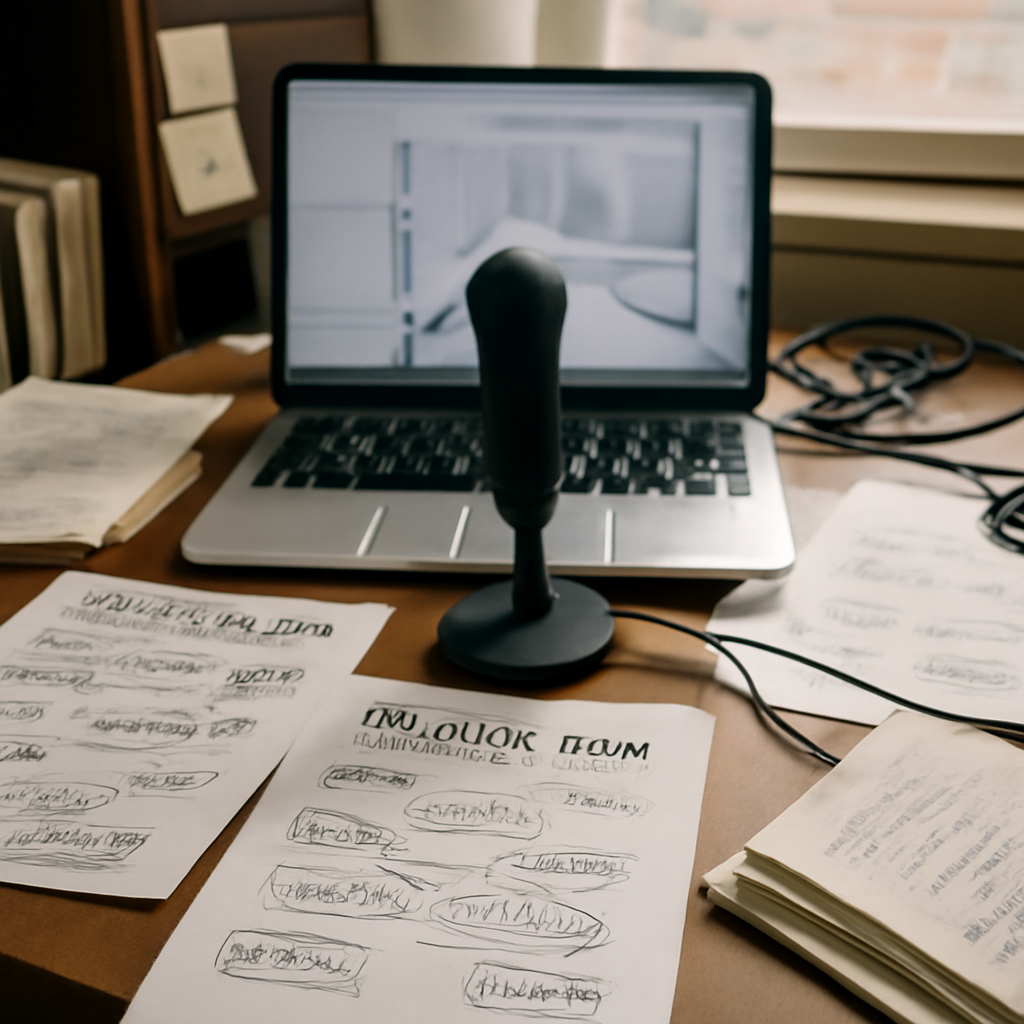Cluttered home office desk with MacBook, notes, and dictation equipment.