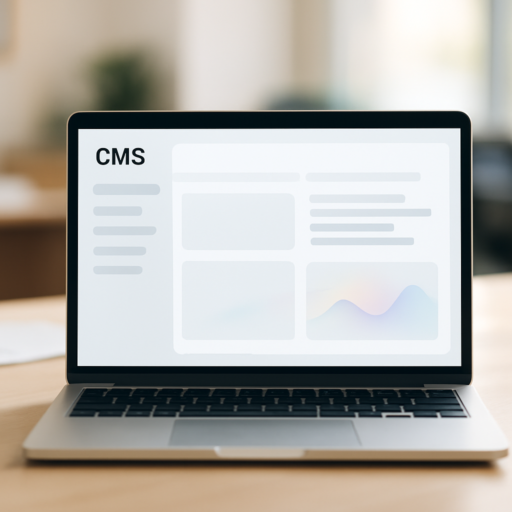 Laptop screen displays a content management system dashboard in a brightly-lit office setting.