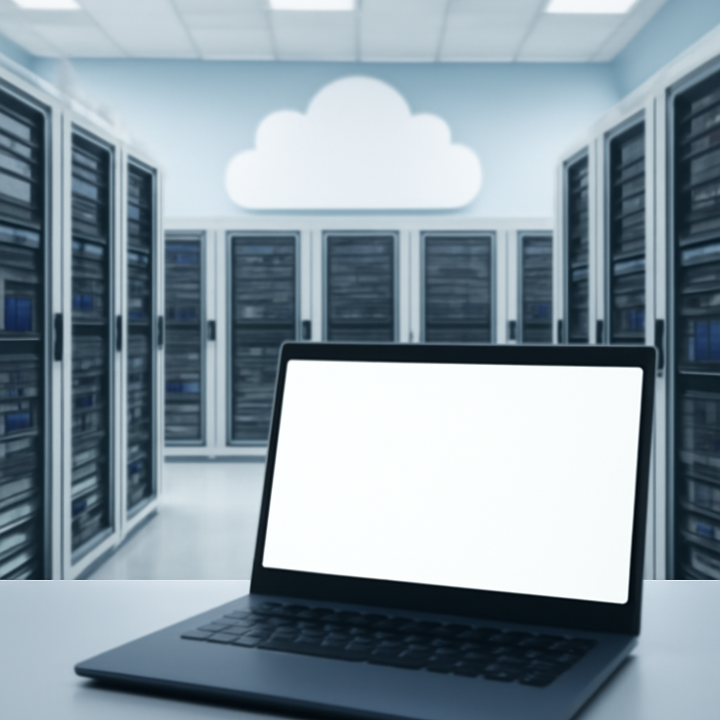 Server room with rows of computer equipment and a single blurred workstation.