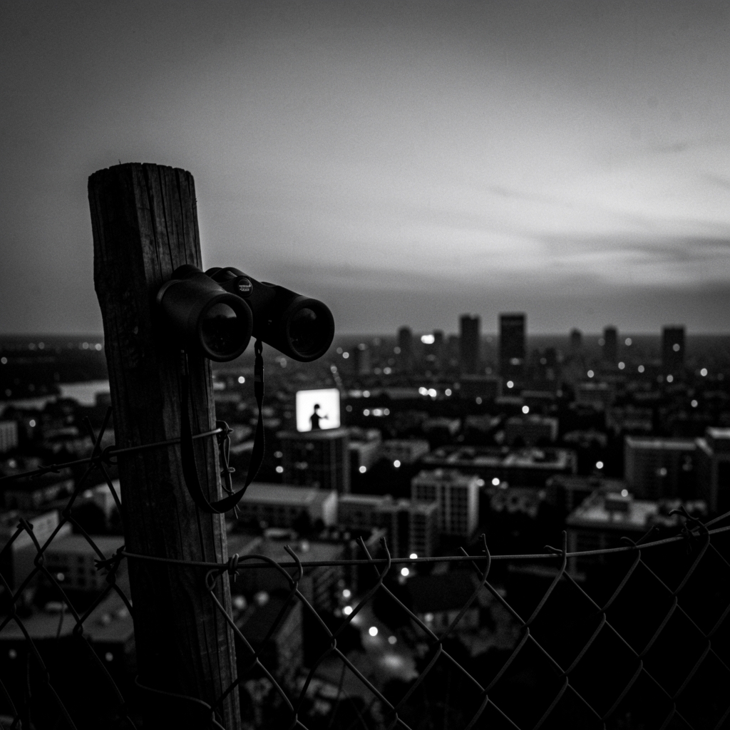 Binoculars on a fence post overlook a cityscape at dusk, with a laptop screen glowing in the distance.