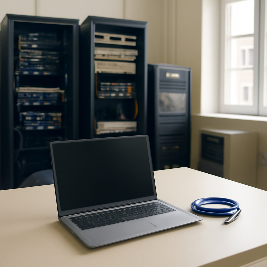A well-lit IT room with servers and a single workstation featuring a laptop and network cable.