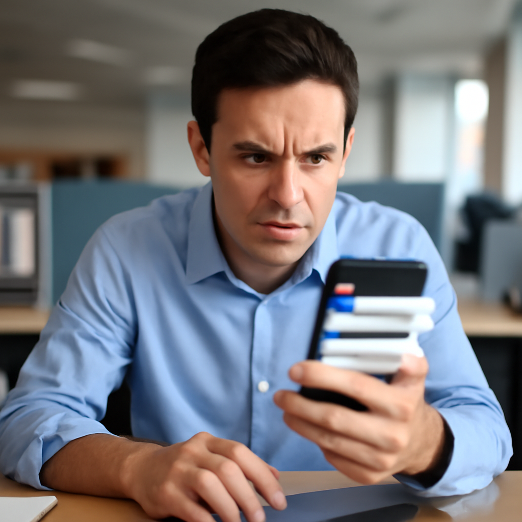 Person sitting at desk, confused, looking at smartphone with multiple push notifications.