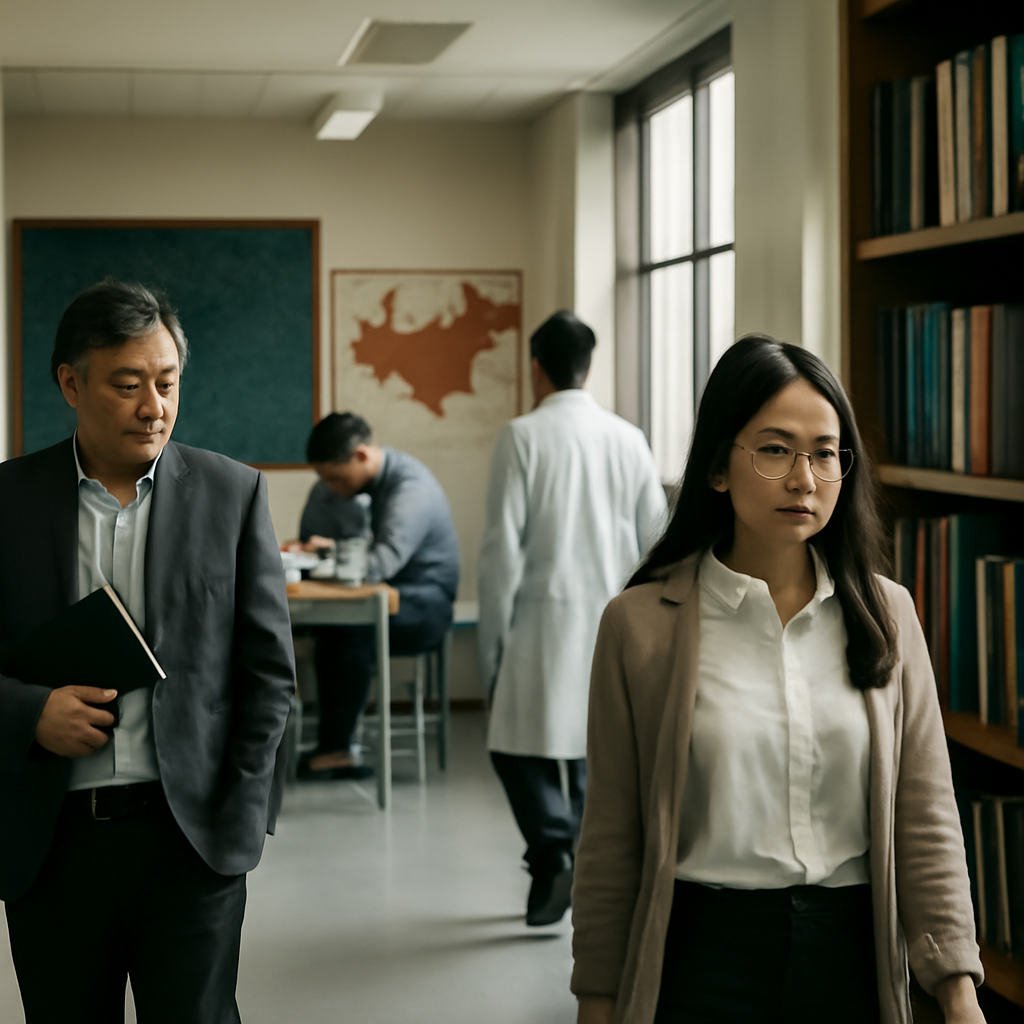 Academics work and walk in a university setting with a subtle hint of a connection to China in the background.