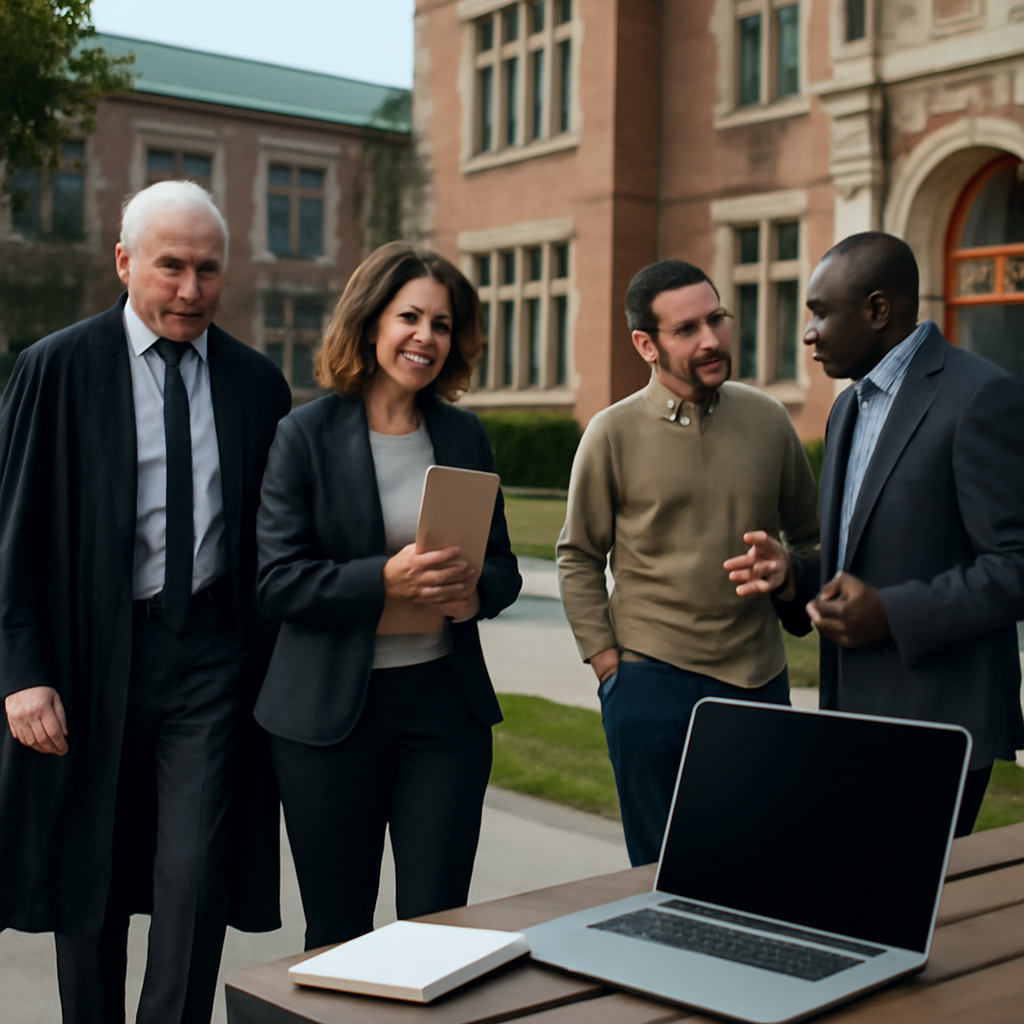 University academics walk and converse on campus with a lecture hall in the background.