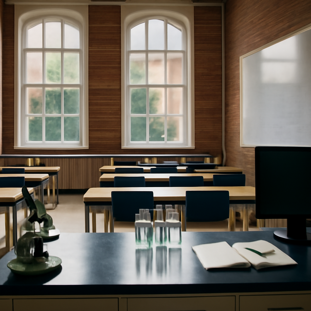 Empty university laboratory with daylight through tall windows and blurred academic equipment.
