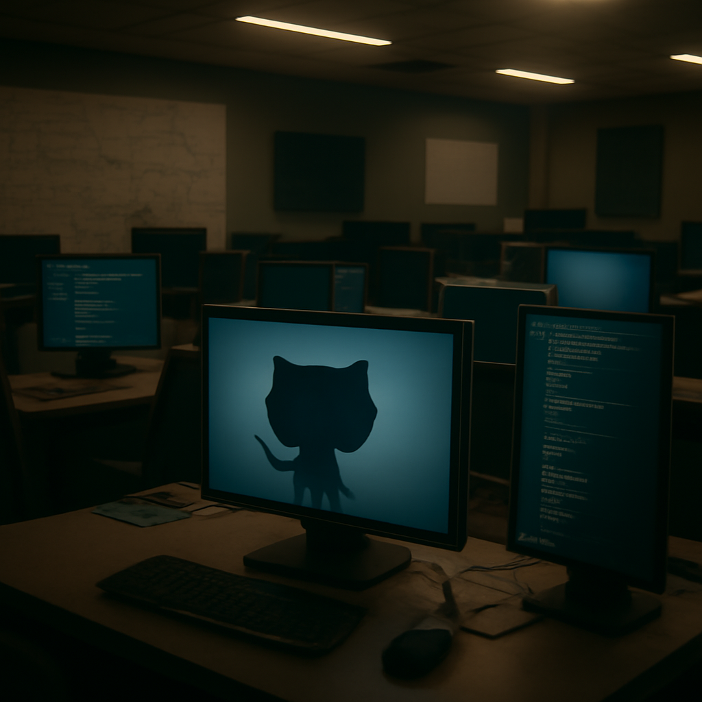 Dimly lit software development workspace with rows of computer workstations and coding materials.