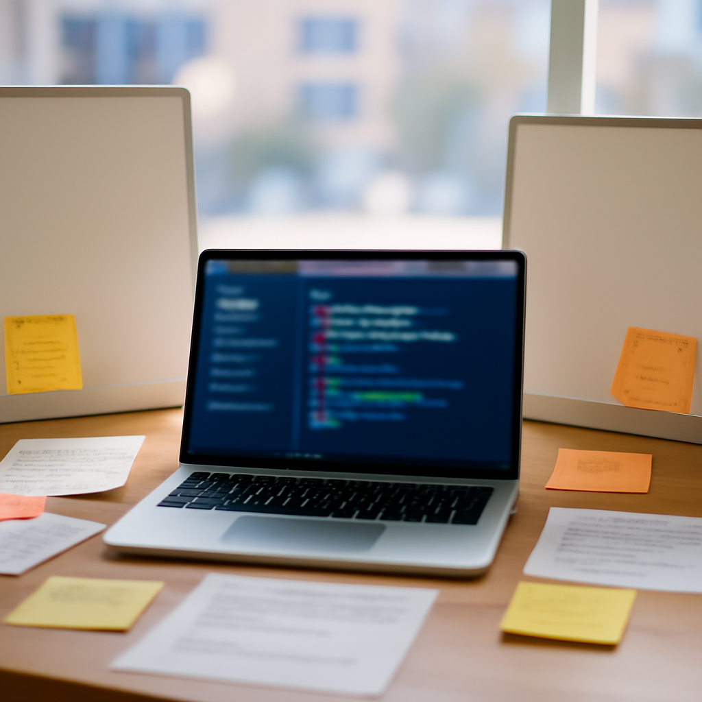 Disrupted open-source workspace with laptop, notes, and coding materials amidst blurred cityscape background.