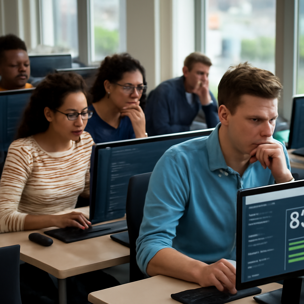 Programmers work at desks in an open-plan office, some looking concerned at their computer screens.