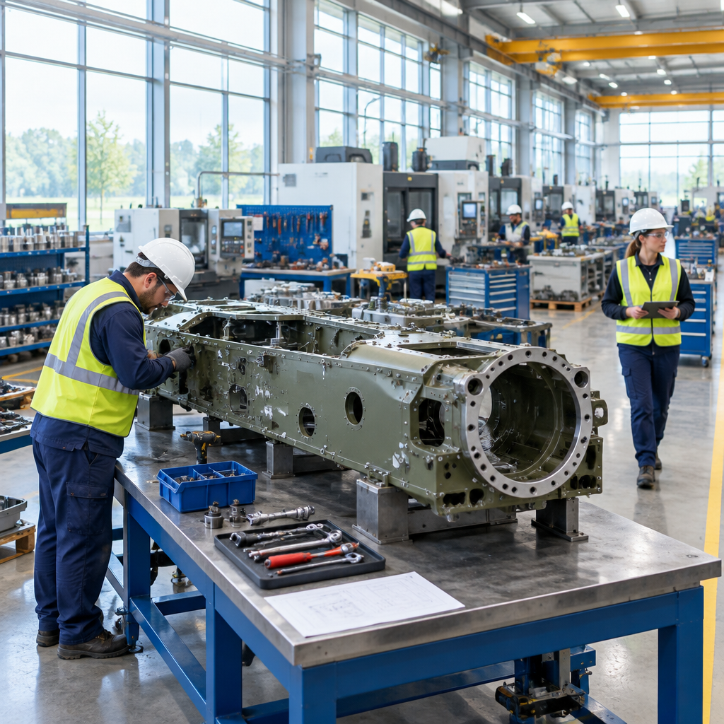 Workers in safety gear assemble defense components on a modern factory floor.