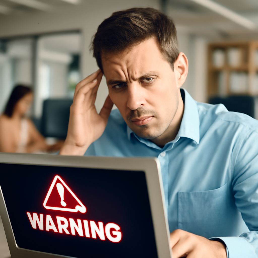 Office worker looks puzzled at laptop with subtle fake prompt on screen amidst blurred coworkers and computers.
