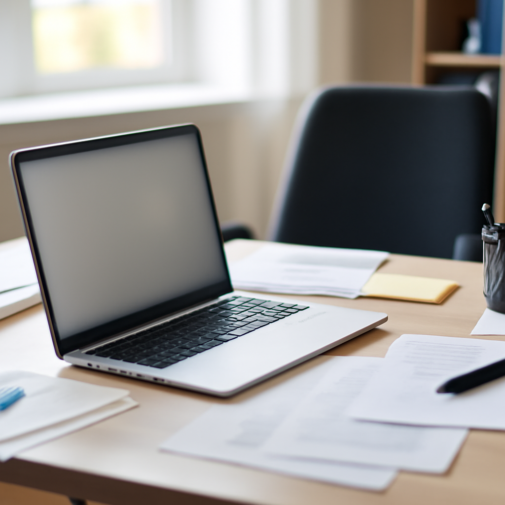 A laptop sits on a cluttered office desk with a blurred screen and a pushed-back chair, near a window.