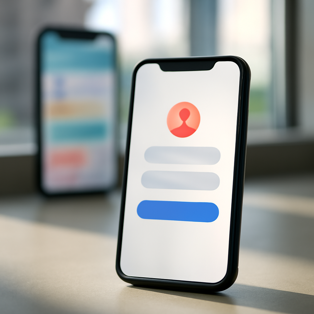 Smartphone on a neutral surface with a blurred mobile app interface and a hint of a cityscape through a nearby window.