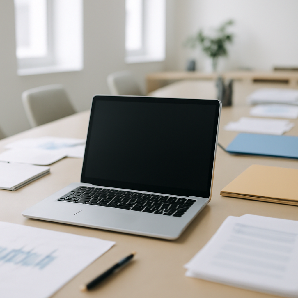 Laptop on office desk surrounded by papers and supplies with a blurred screen.