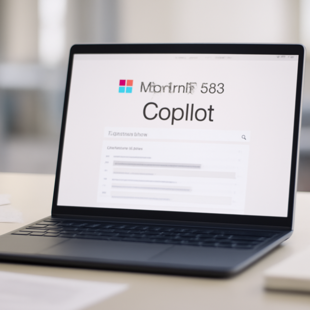 Laptop screen displays Microsoft 365 Copilot interface in office setting.