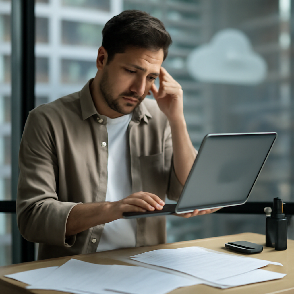 Business professional looks concerned while holding laptop amidst scattered papers and office supplies.