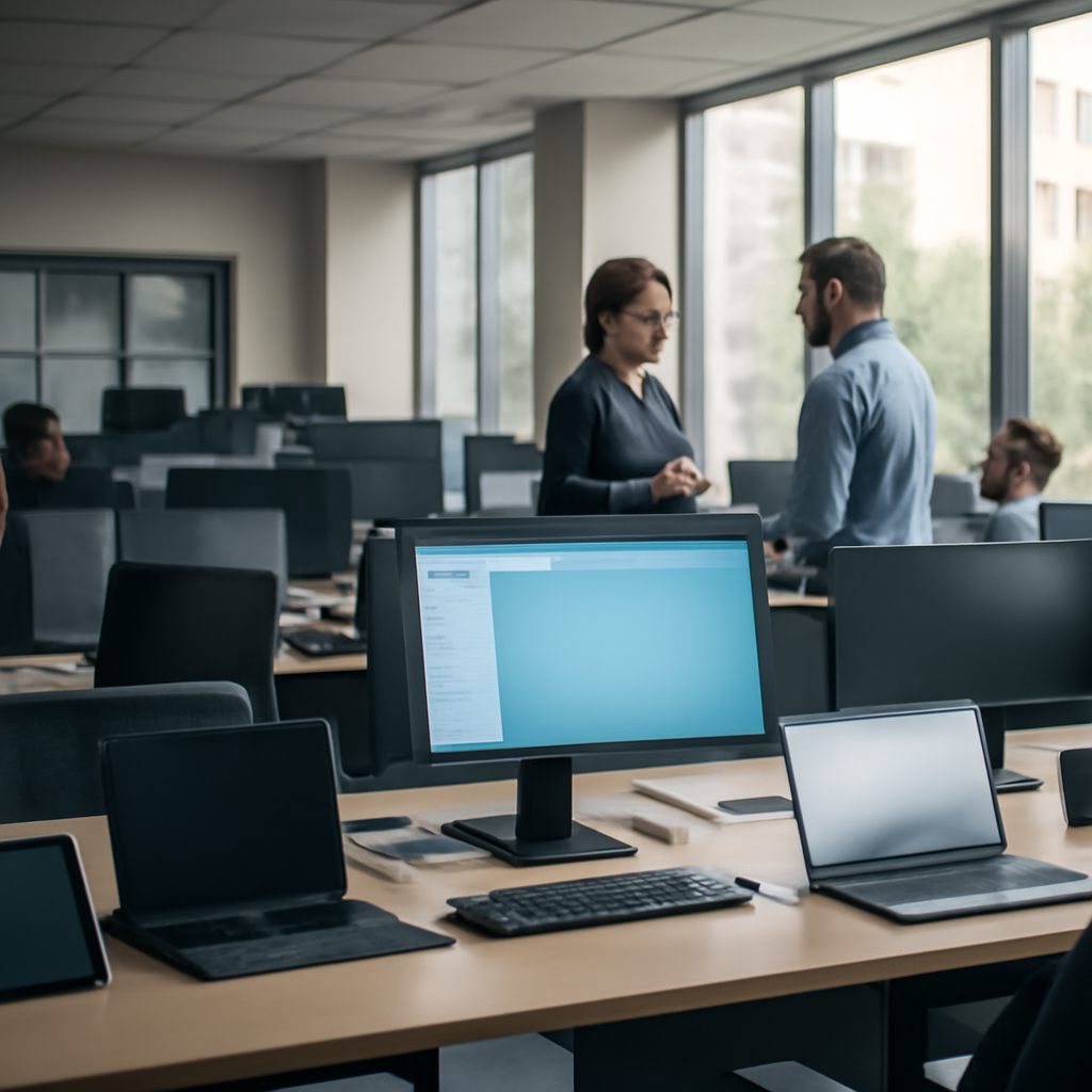 A well-lit corporate office interior with people working at computer workstations.