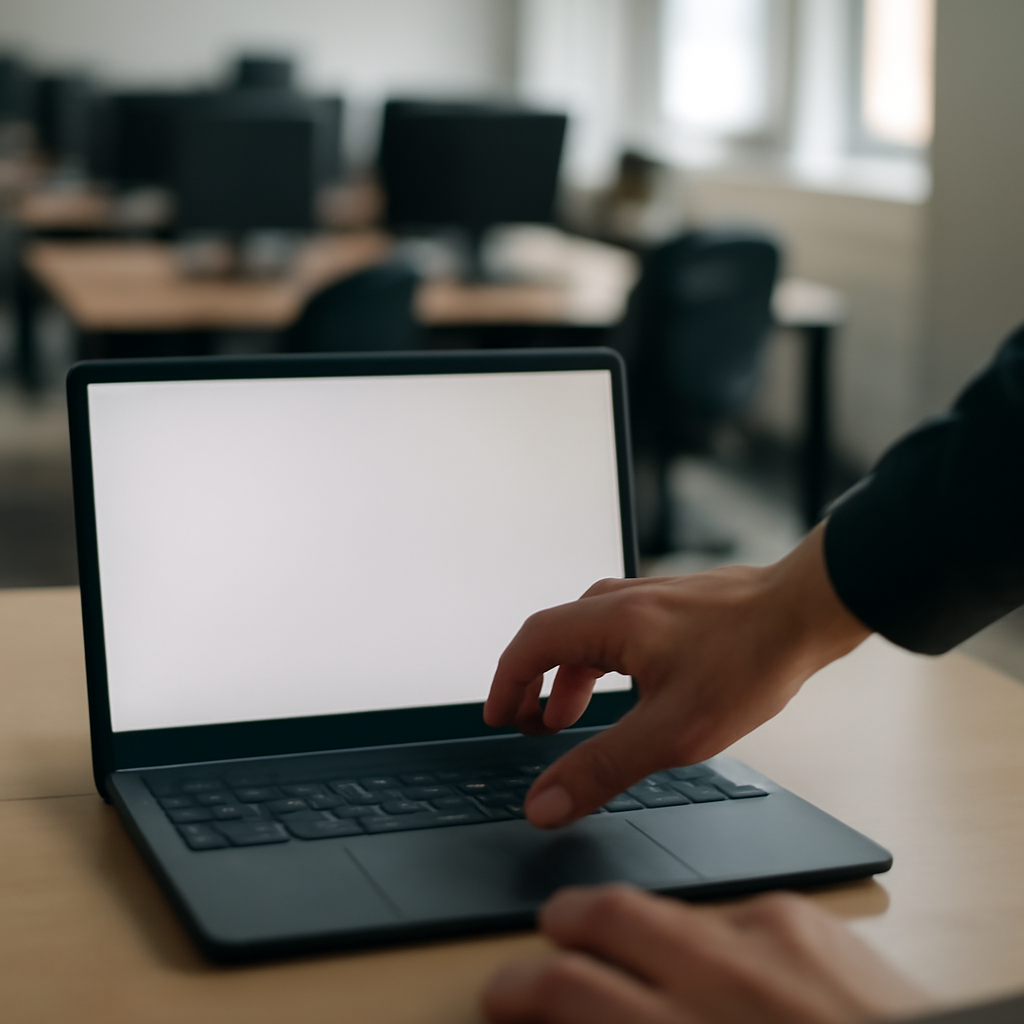 Person's hand reaching for laptop keyboard in office setting.