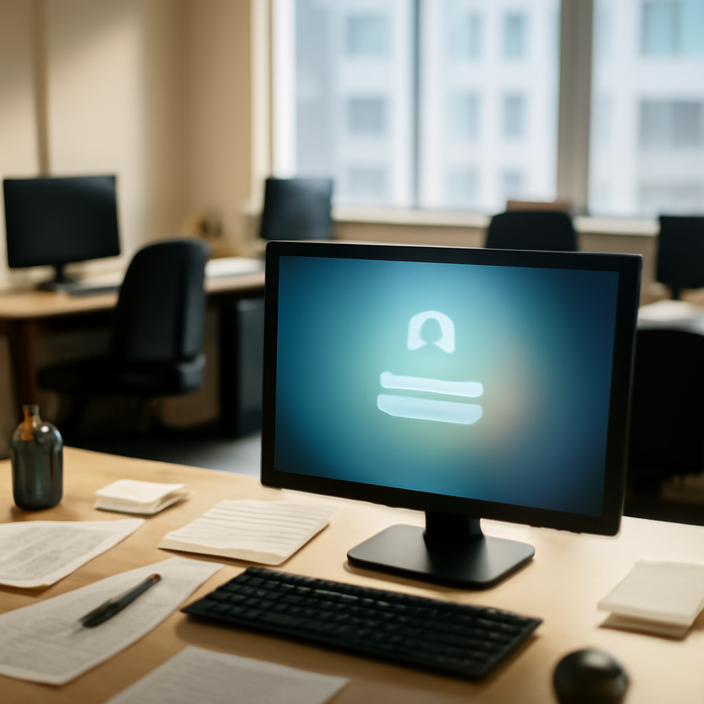 Business office setting with computers and papers, one screen showing a blurry login page.