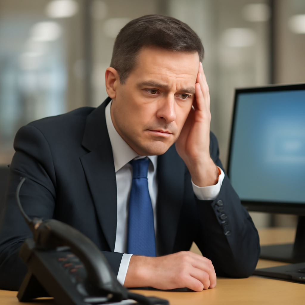 Business executive looks concerned while sitting at desk with phone and computer.