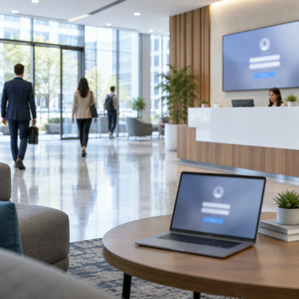 Blurred login screen in a brightly-lit corporate office lobby with people walking in the background.