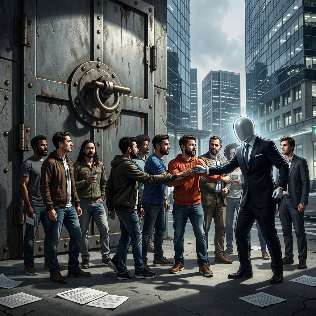 Diverse group of open-source developers blocked by a faceless figure at a locked gate.