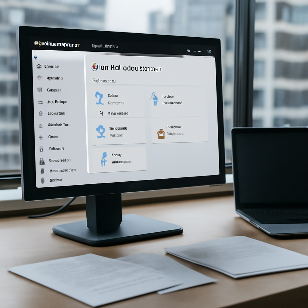 Brightly lit computer workstation with Microsoft interface and cityscape background.