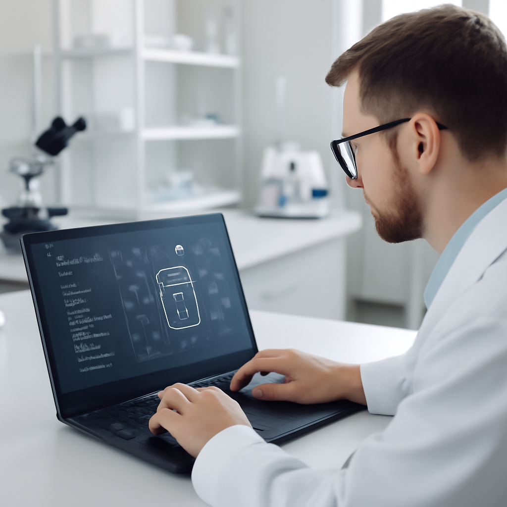 Cryptographer working on laptop in lab with abstract cryptography concepts on screen.