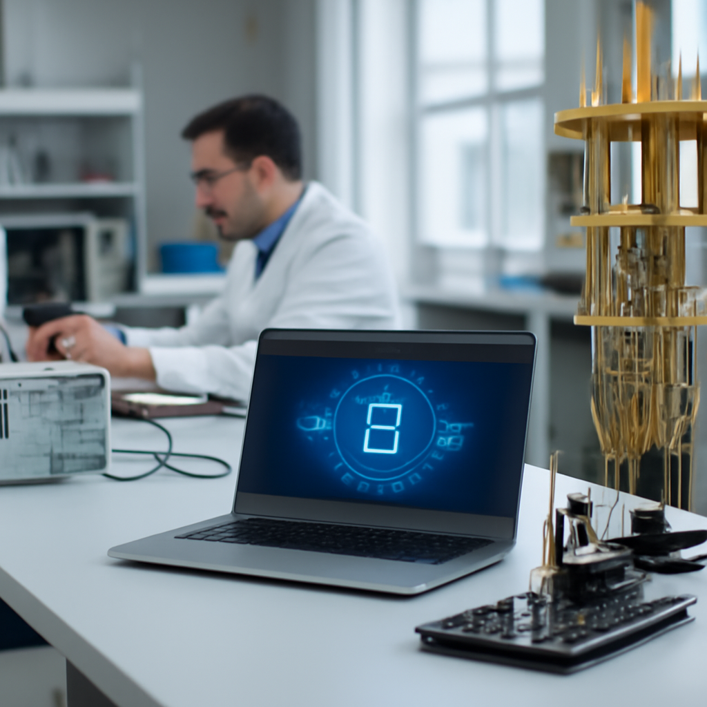 Researcher works on cryptography prototype in bright laboratory setting.