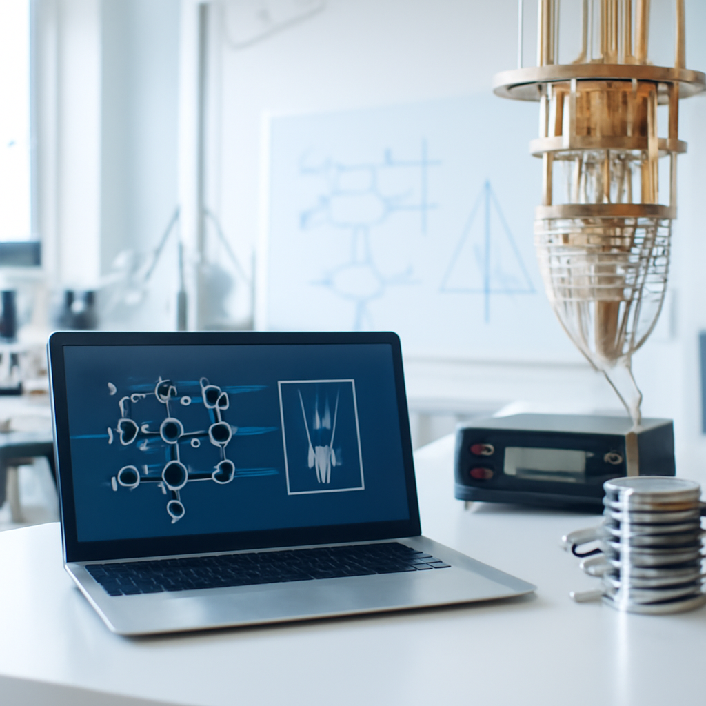 Quantum computing research setup with laptop and scientific instruments in a laboratory setting.