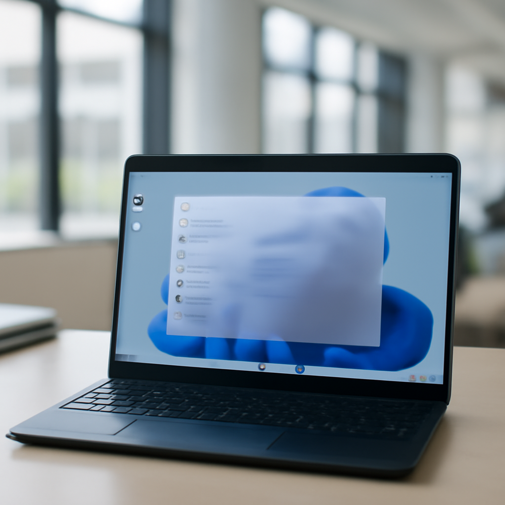 Windows 11 laptop on a clean desk in a modern office with a blurred settings menu on the screen.