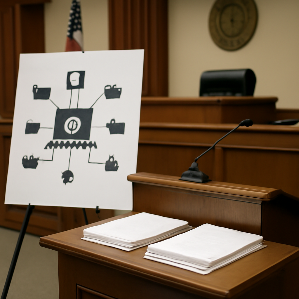Courtroom setting with documents and subtle malware concept representation.