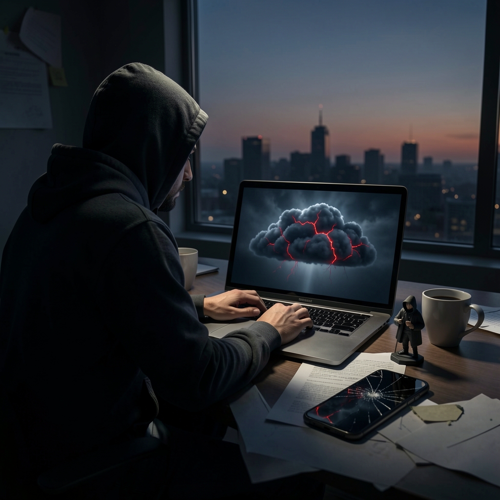 Lone hacker in hoodie surrounded by papers and coffee cups, laptop screen displays ominous cloud with glowing red cracks.