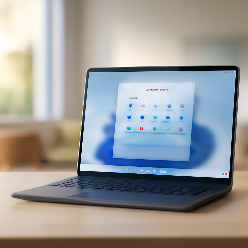 Windows 11 desktop with minimalist taskbar and laptop screen showing Microsoft 365 interface, set against a modern office…
