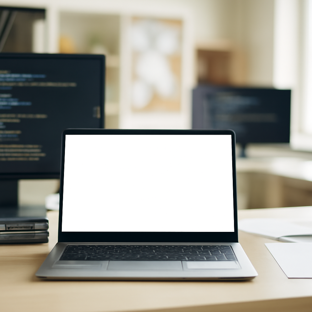 A coding workspace with a laptop on a clean surface, surrounded by office elements.