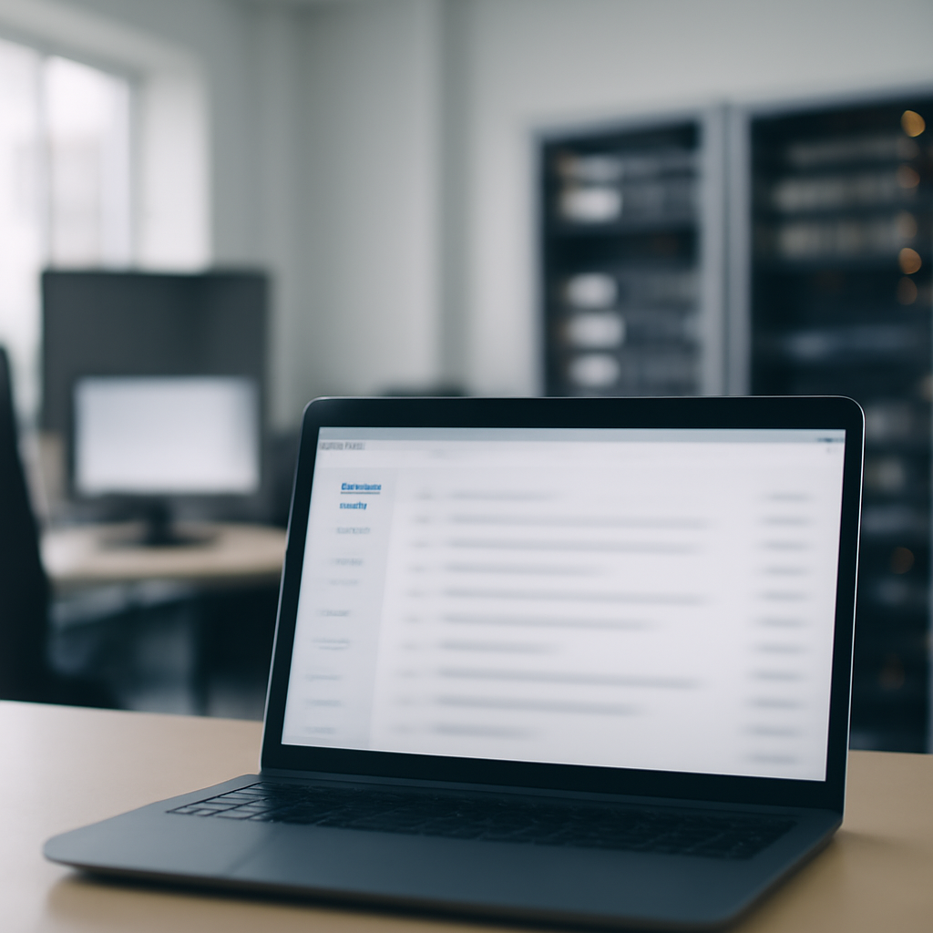 Empty office with computer screens and servers, laptop shows blurred email inbox.