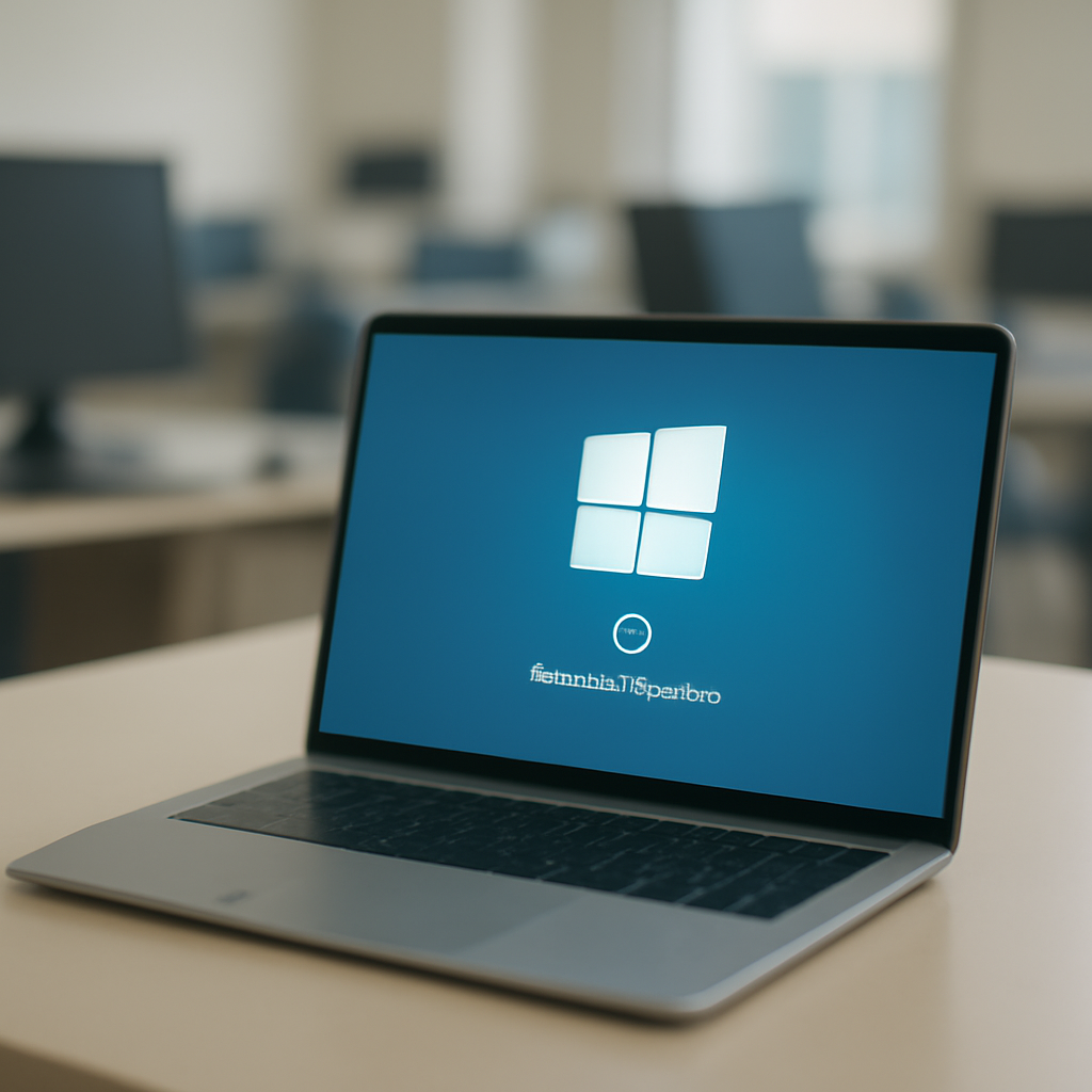 Computer on a plain surface with a blurred Windows update screen and a subtle office or home workspace background.
