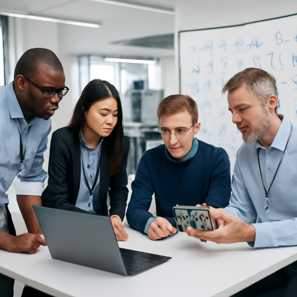 Researchers collaborate in a modern lab with computer workstations and technical equipment.