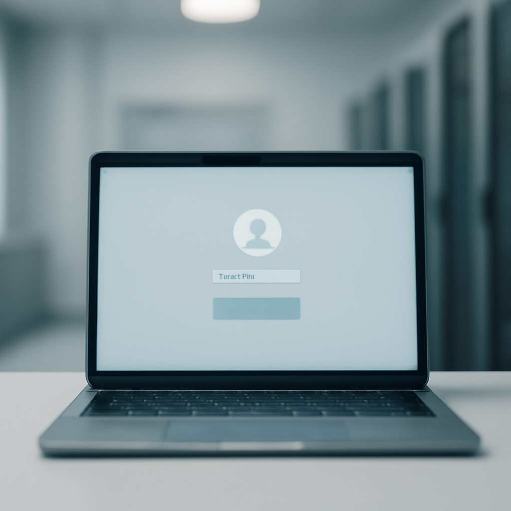 Modern tech company HQ with subtle login screen representation, conveying security and trust.