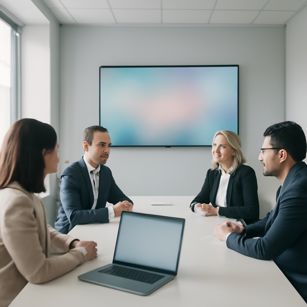 Modern office conference room with people, laptop, and screen display.