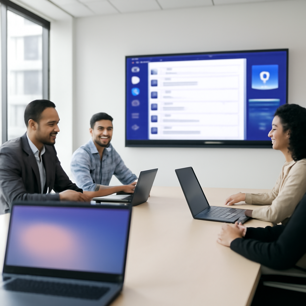 Modern office scene with people around a table, laptops, and a large screen displaying a blurred Teams interface.