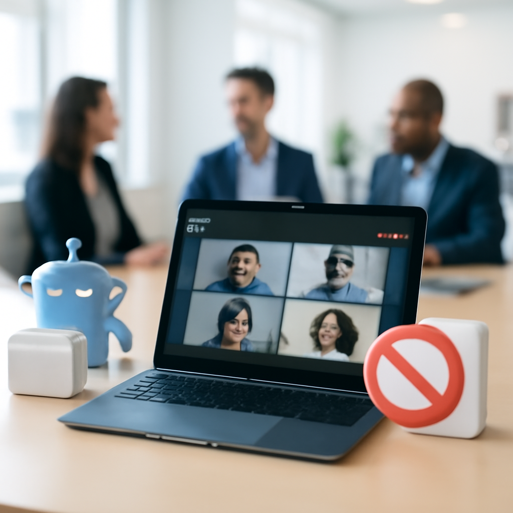 Blurred Teams meeting on laptop screen in office setting with abstract overlays.