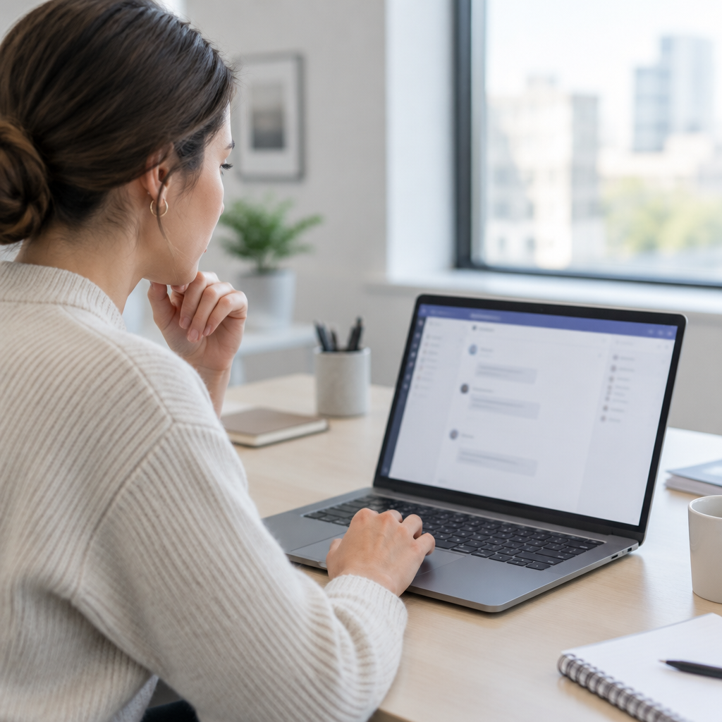 Person sitting at desk with laptop open to Microsoft Teams interface.