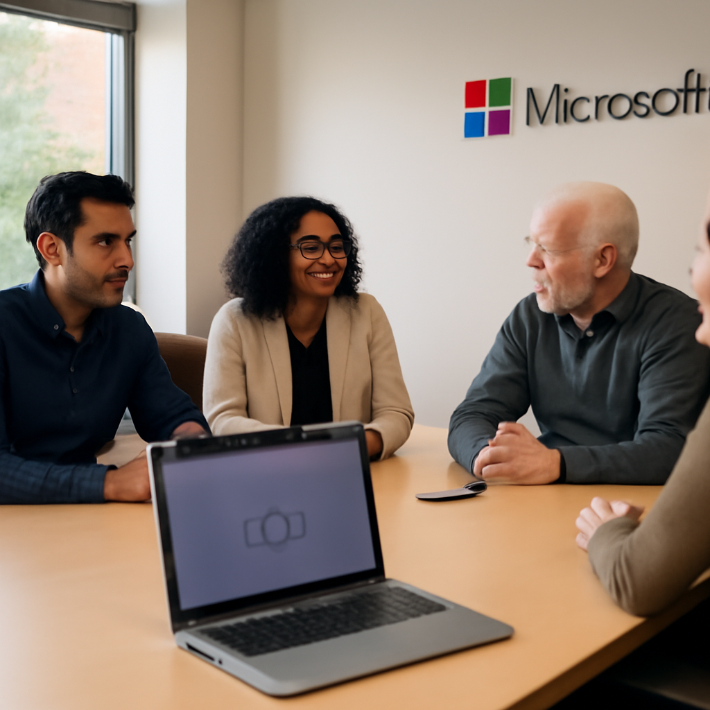 Microsoft Teams meeting on laptop in office setting with people seated around table.