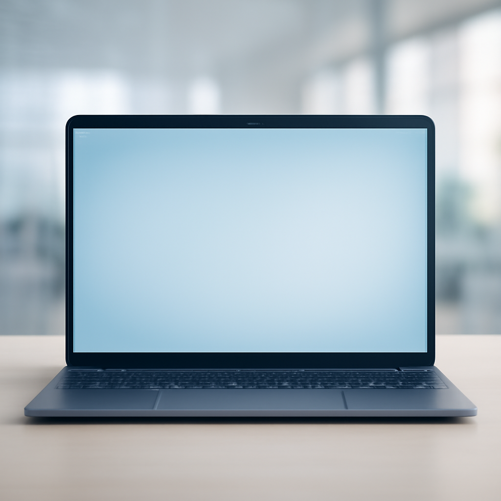 Windows 10 laptop screen on a neutral surface with a blurred office background.