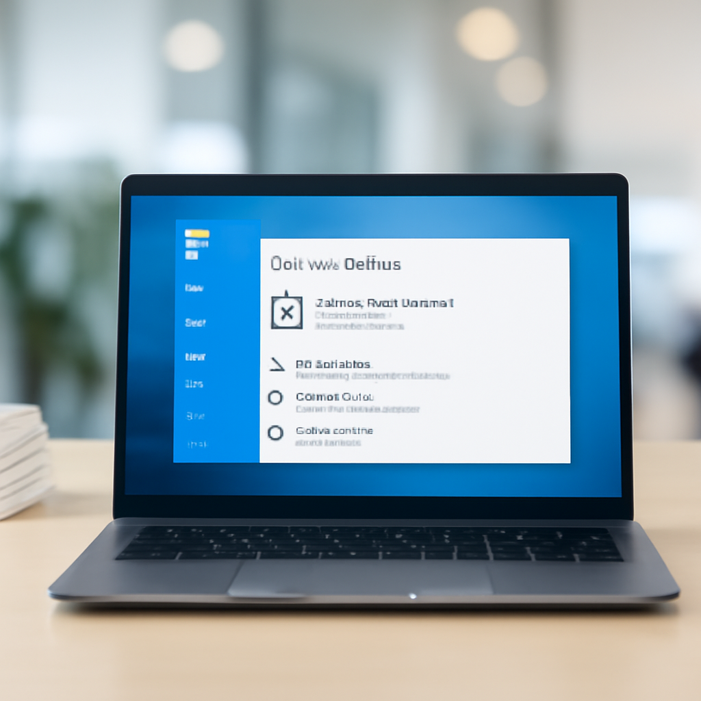 Windows 10 laptop on a desk showing a Windows Update settings page with a progress bar.