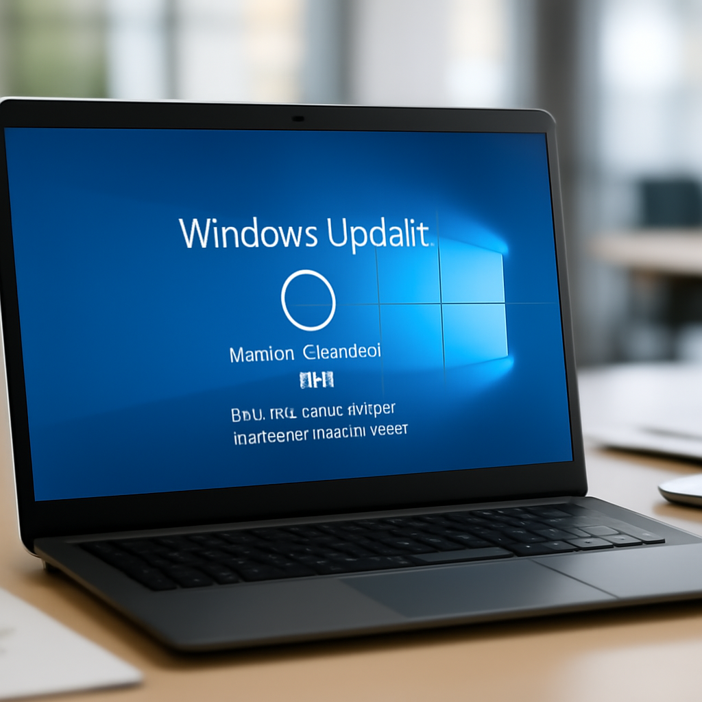 Windows 10 laptop screen shows update in progress on a blurred office background.