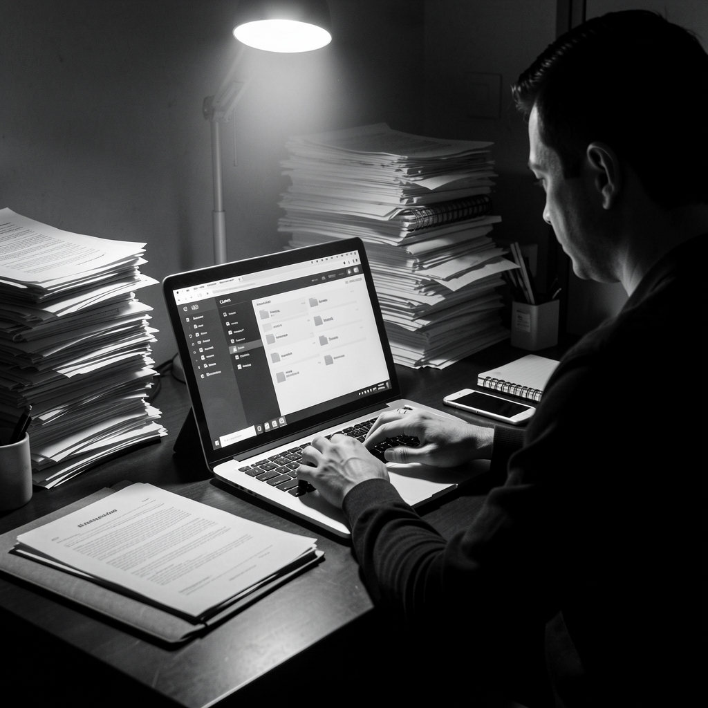 Person surrounded by disorganized files, focused light on laptop with modern file system interface.
