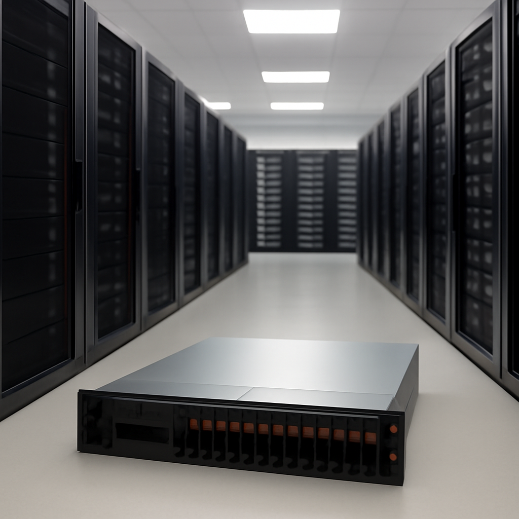 Server room interior with rows of racks and a single prominent server in the foreground.